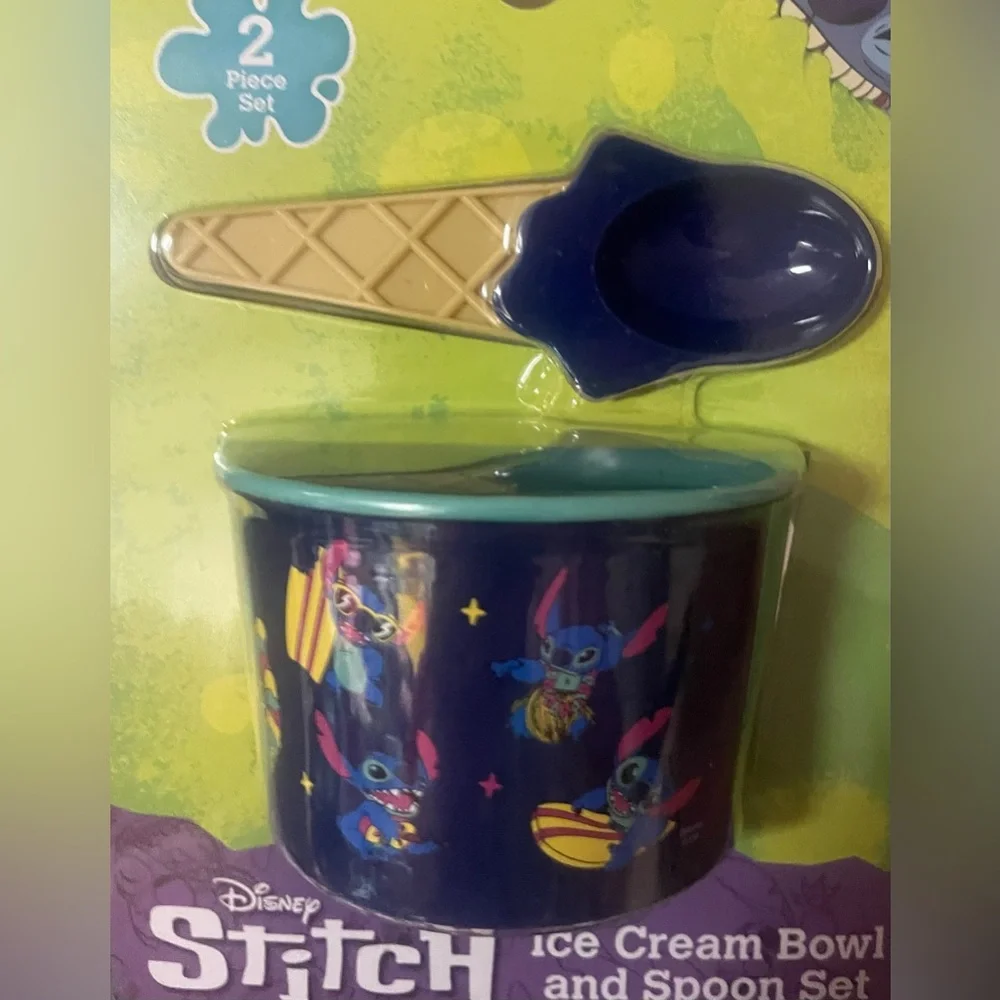 Disney Stitch Ice Cream Bowl and Spoon Set - Navy Blue, Teal, Yellow
